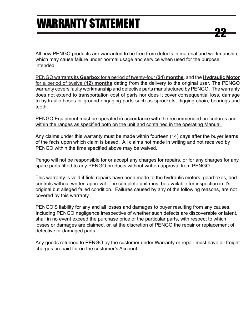 Warranty statement 22 | Pengo MDT Series User Manual | Page 23 / 24