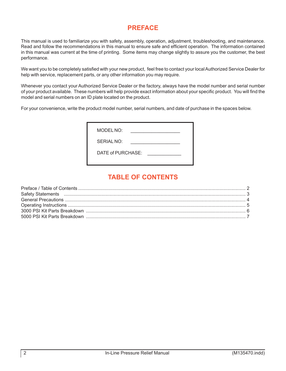 Preface table of contents | Pengo 3000 PSI Models User Manual | Page 2 / 8