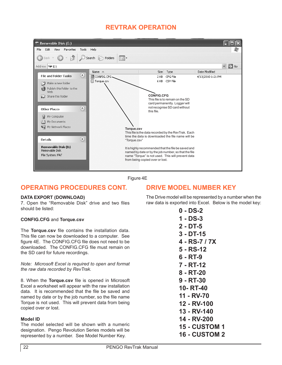 Revtrak operation operating procedures cont, Drive model number key | Pengo RevTrak User Manual | Page 22 / 32