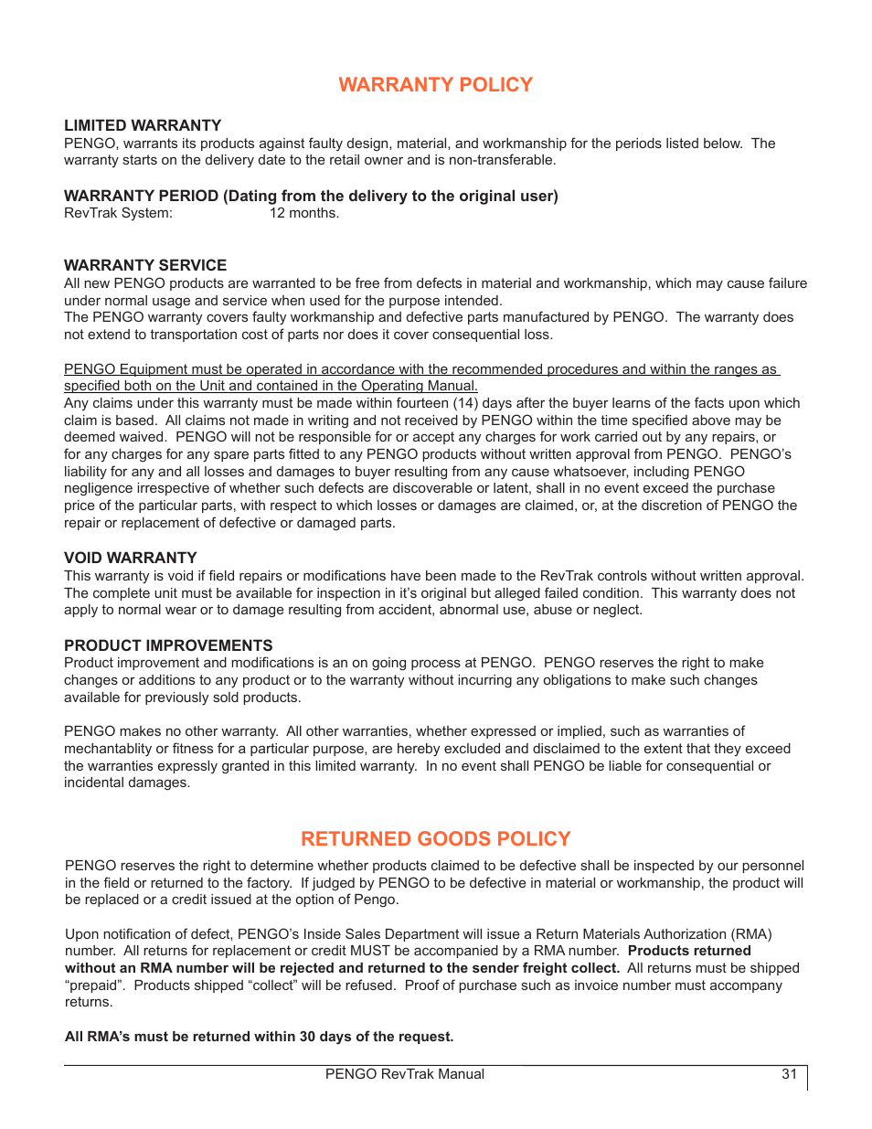 Warranty policy, Returned goods policy | Pengo RevTrak User Manual | Page 31 / 32