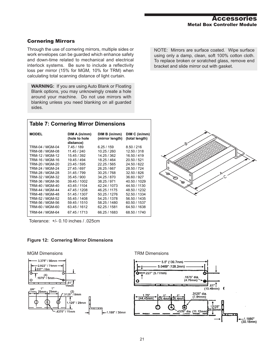 Accessories, Table 7: cornering mirror dimensions, Cornering mirrors | Pinnacle Systems MG User Manual | Page 31 / 48