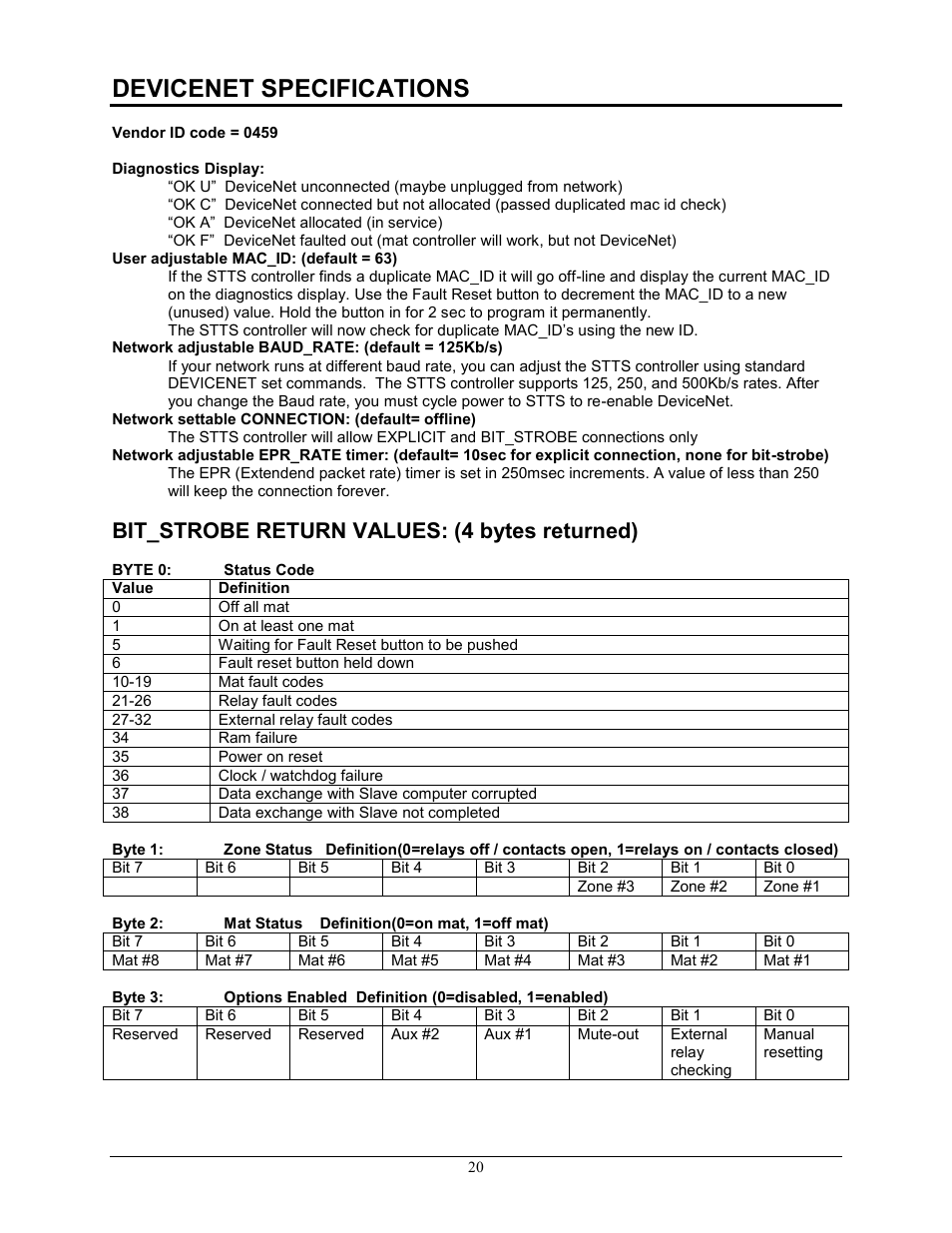 Devicenet specifications, Bit_strobe return values: (4 bytes returned) | Pinnacle Systems STTS User Manual | Page 26 / 38