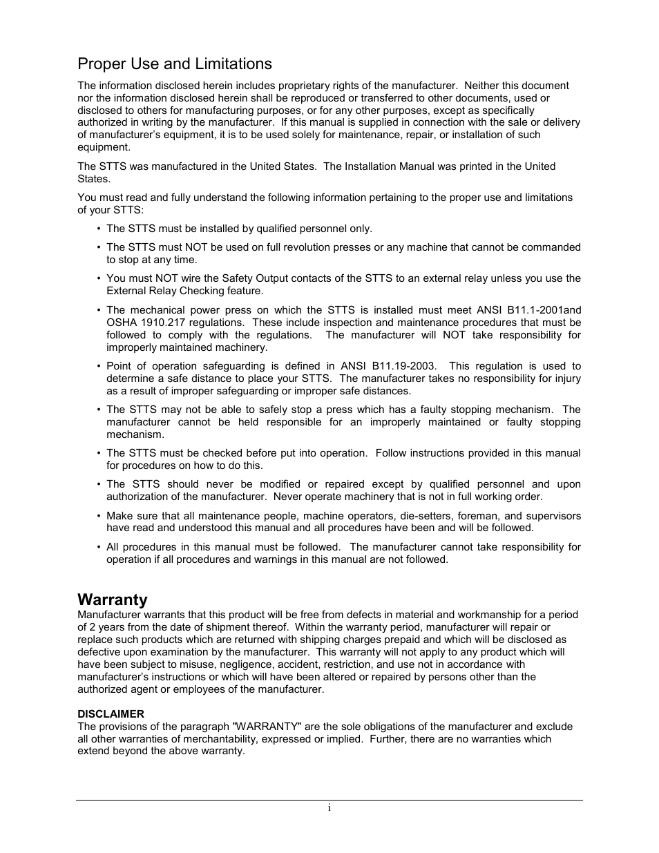 Proper use and limitations, Warranty | Pinnacle Systems STTS User Manual | Page 4 / 38