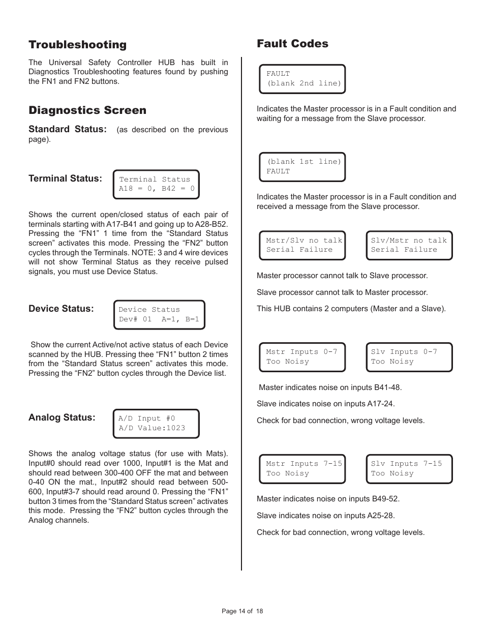 Troubleshooting, Diagnostics screen, Fault codes | Pinnacle Systems Universal Safety Controller HUB User Manual | Page 19 / 26