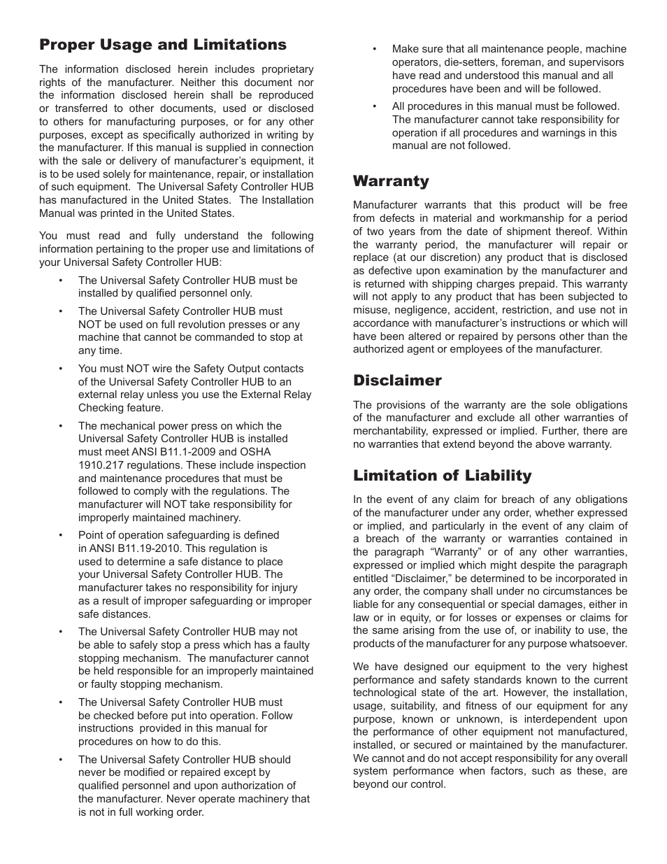 Proper usage and limitations, Warranty, Disclaimer | Limitation of liability | Pinnacle Systems Universal Safety Controller HUB User Manual | Page 4 / 26