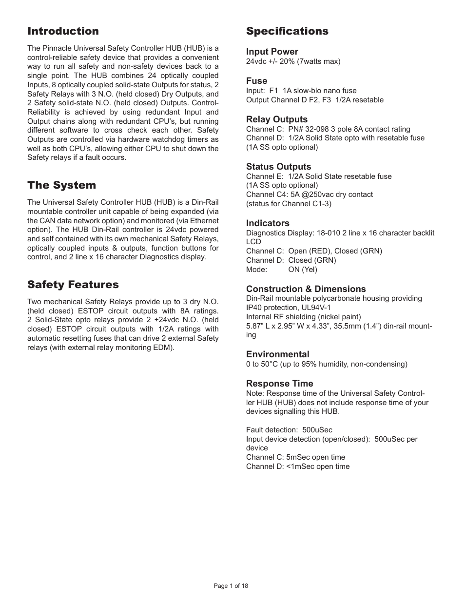 Introduction, The system, Safety features | Specifications | Pinnacle Systems Universal Safety Controller HUB User Manual | Page 6 / 26