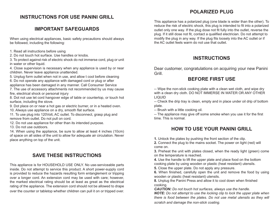 Save these instructions, Polarized plug, Instructions | Before first use, How to use your panini grill | Continental CP43529 User Manual | Page 2 / 2