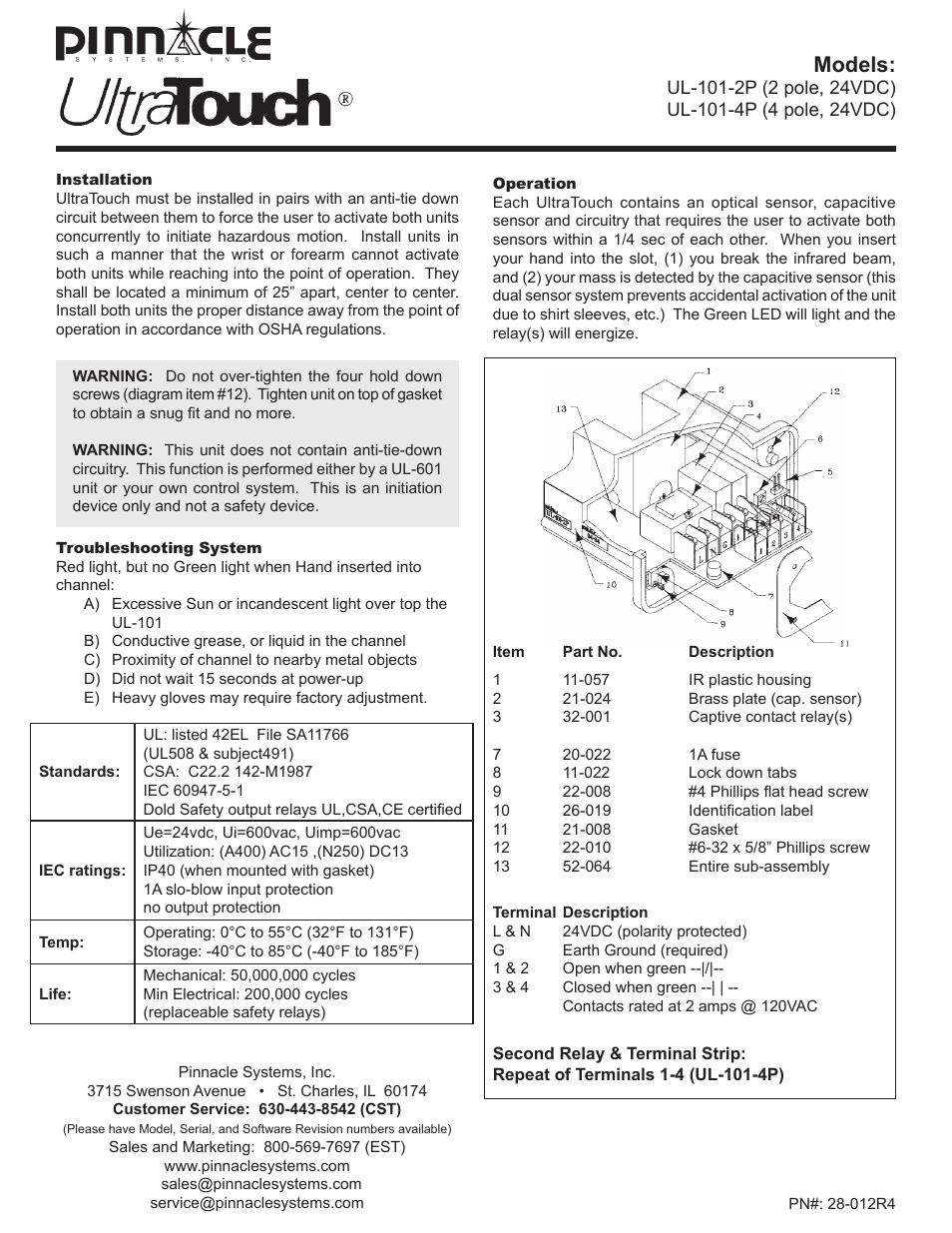 Pinnacle Systems UltraTouch UL-101-2P 24VDC User Manual | 2 pages