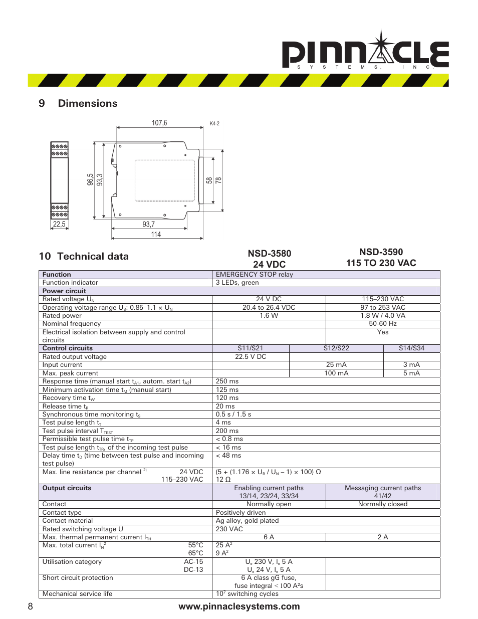 9dimensions, 10 technical data | Pinnacle Systems NSD 3580 User Manual | Page 8 / 9