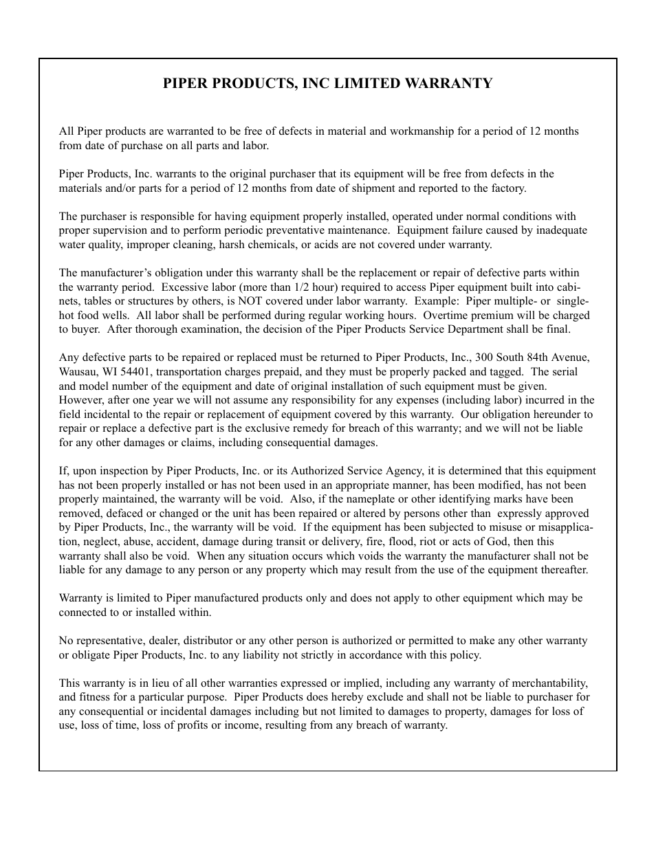 Piper products, inc limited warranty | Piper CS2-5 User Manual | Page 12 / 12