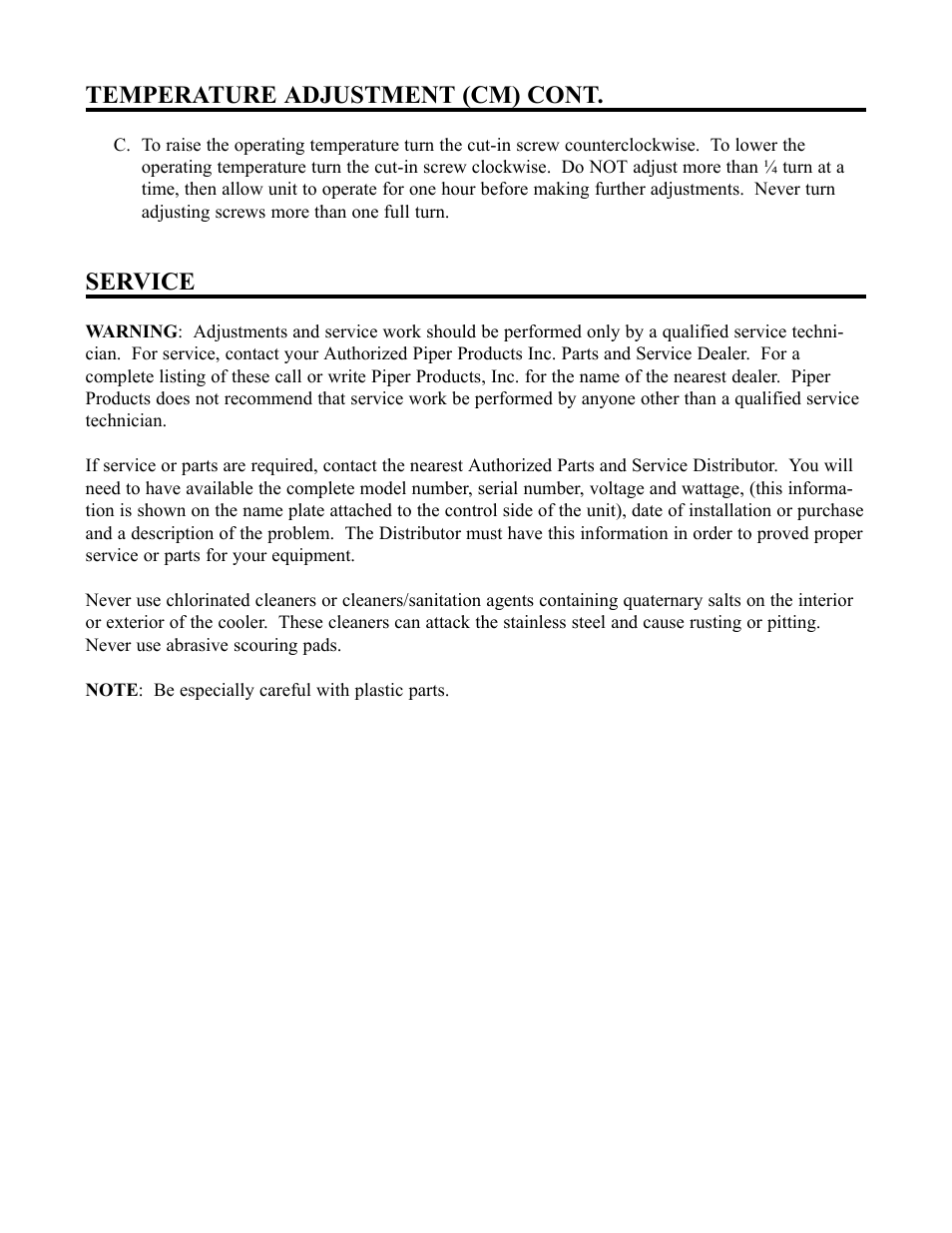 Temperature adjustment (cm) cont, Service | Piper 3-CM User Manual | Page 10 / 25