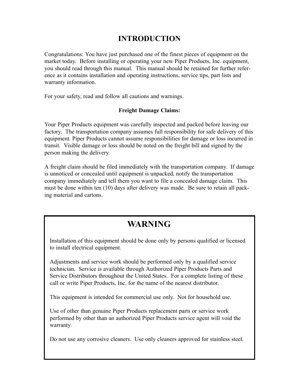 Warning, Introduction | Piper 3-CM User Manual | Page 2 / 25