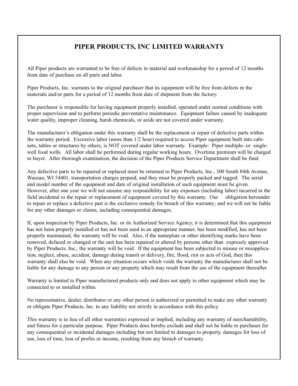Piper products, inc limited warranty | Piper 3-CM User Manual | Page 25 / 25