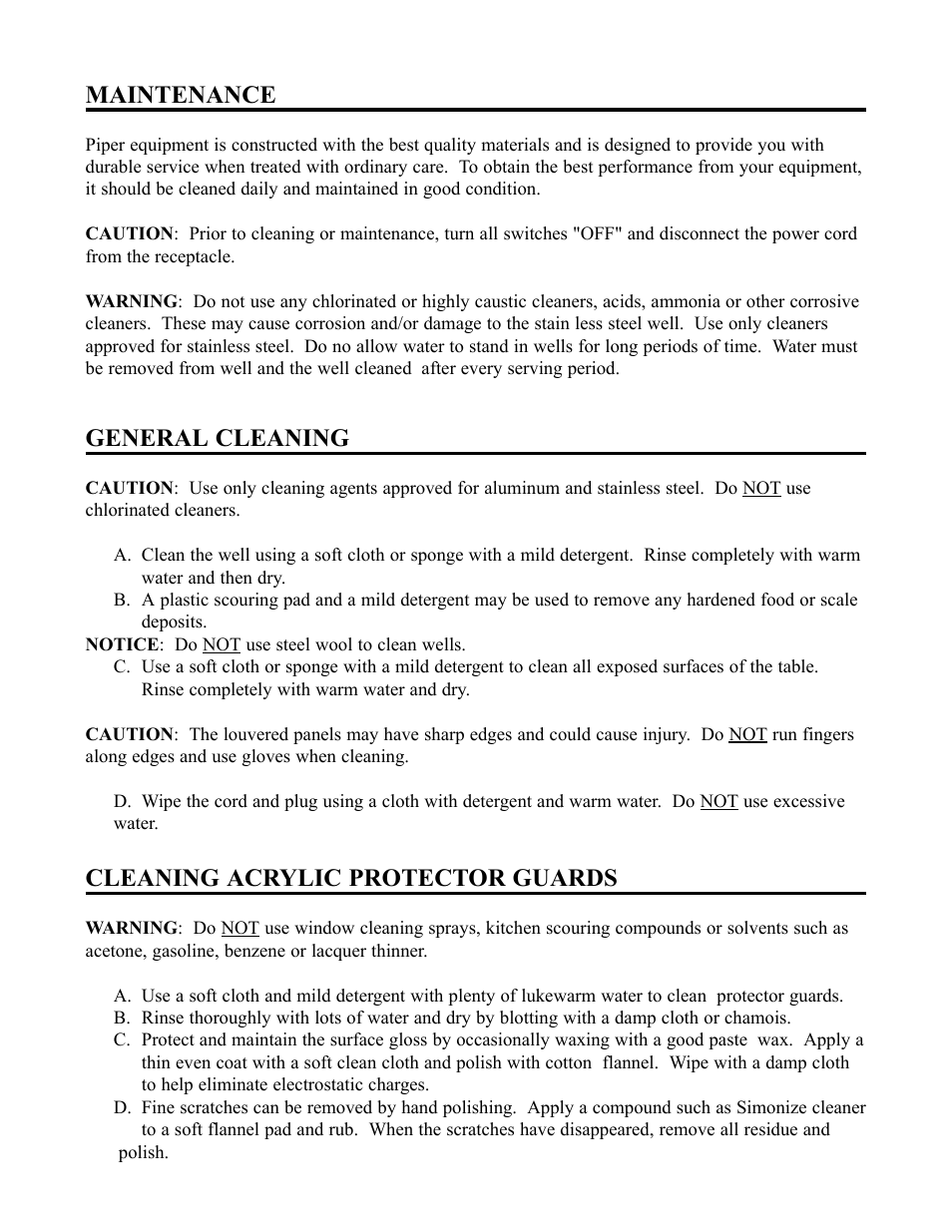 Maintenance, General cleaning, Cleaning acrylic protector guards | Piper 3-CM User Manual | Page 8 / 25