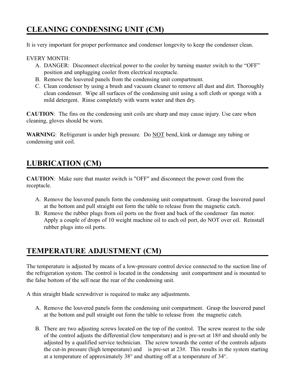 Cleaning condensing unit (cm), Lubrication (cm), Temperature adjustment (cm) | Piper 3-CM User Manual | Page 9 / 25