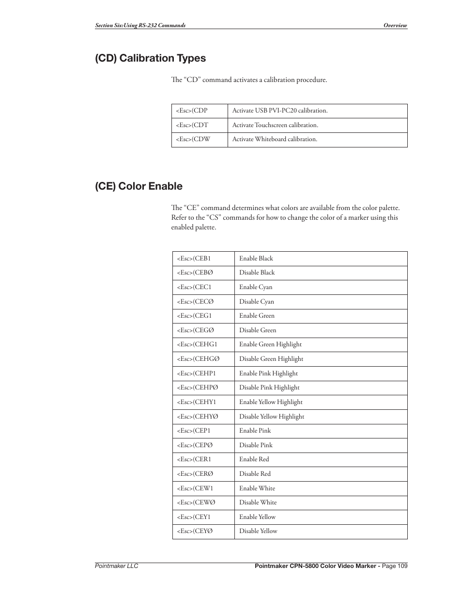 Cd) calibration types (ce) color enable, Cd) calibration types, Ce) color enable | Pointmaker CPN-5800 User Manual | Page 115 / 168