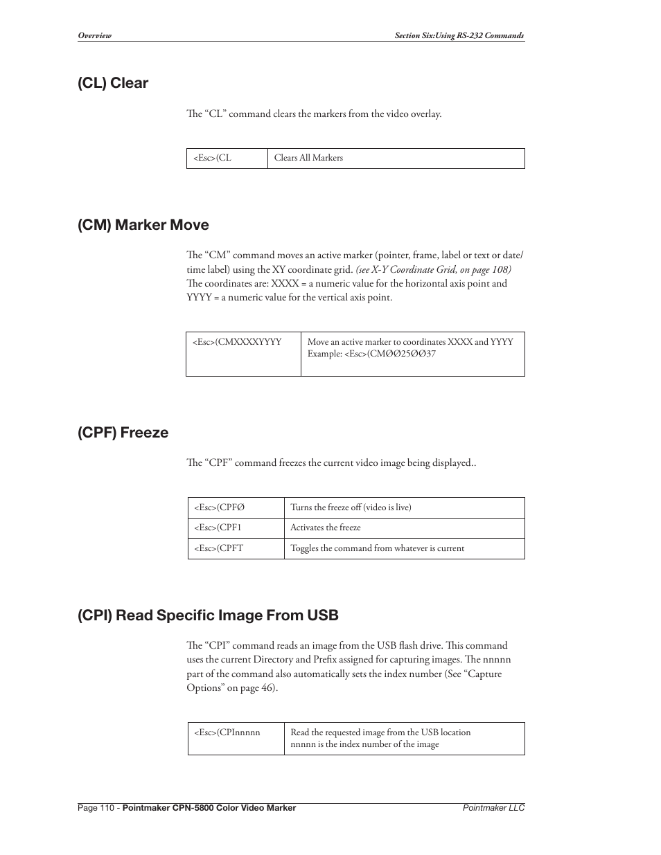 Cl) clear, Cm) marker move, Cpf) freeze | Cpi) read specific image from usb | Pointmaker CPN-5800 User Manual | Page 116 / 168