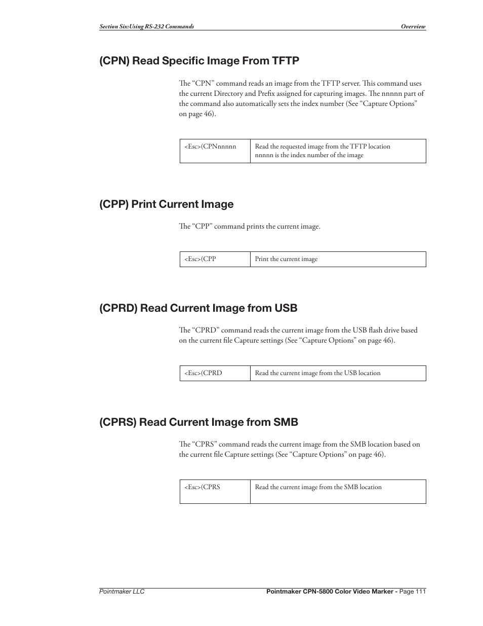 Cpn) read specific image from tftp, Cpp) print current image, Cprd) read current image from usb | Cprs) read current image from smb | Pointmaker CPN-5800 User Manual | Page 117 / 168