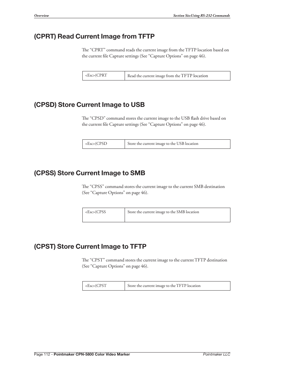 Cprt) read current image from tftp, Cpsd) store current image to usb, Cpss) store current image to smb | Cpst) store current image to tftp | Pointmaker CPN-5800 User Manual | Page 118 / 168
