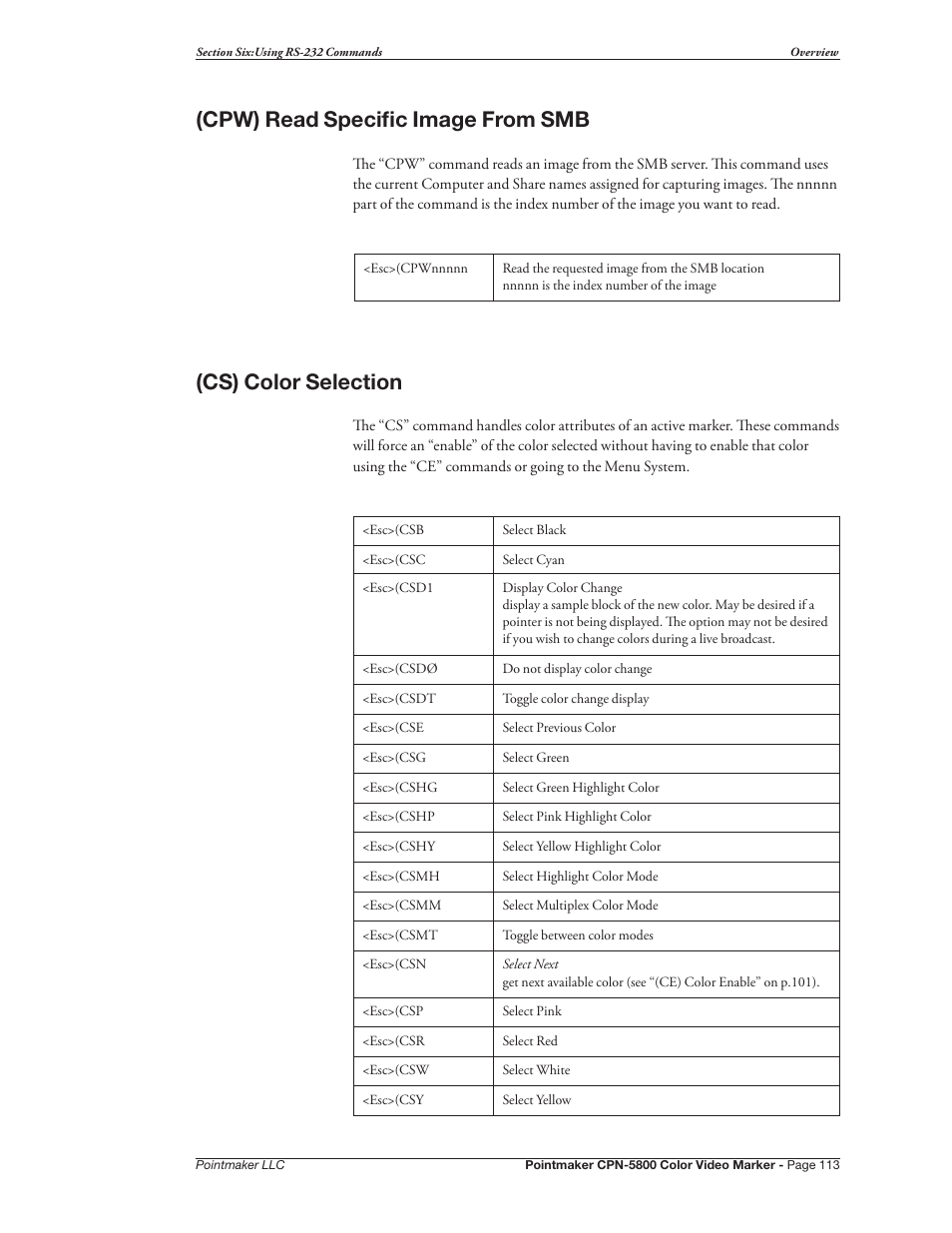 Cpw) read specific image from smb, Cs) color selection | Pointmaker CPN-5800 User Manual | Page 119 / 168
