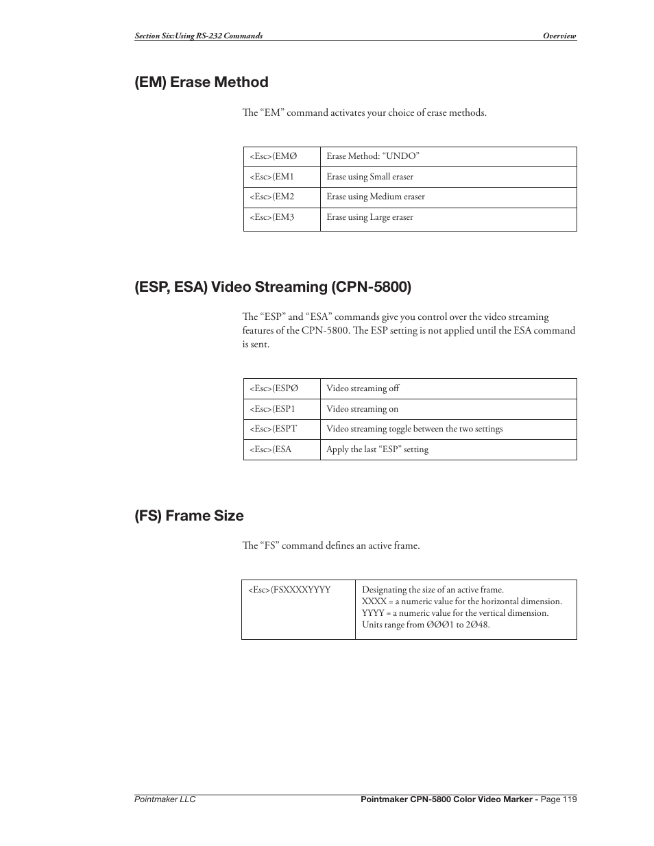 Em) erase method, Esp, esa) video streaming (cpn-5800), Fs) frame size | Pointmaker CPN-5800 User Manual | Page 125 / 168