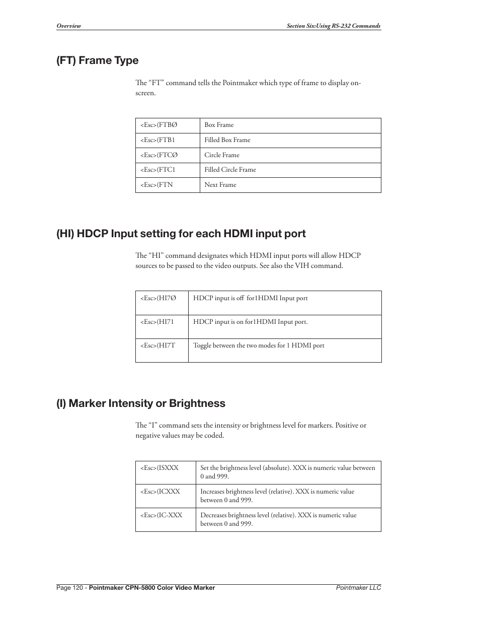 Ft) frame type, Hi) hdcp input setting for each hdmi input port, I) marker intensity or brightness | Pointmaker CPN-5800 User Manual | Page 126 / 168