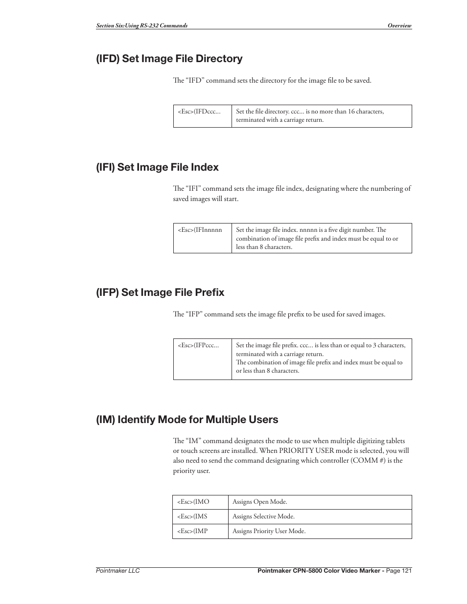 Ifd) set image file directory, Ifi) set image file index, Ifp) set image file prefix | Im) identify mode for multiple users | Pointmaker CPN-5800 User Manual | Page 127 / 168