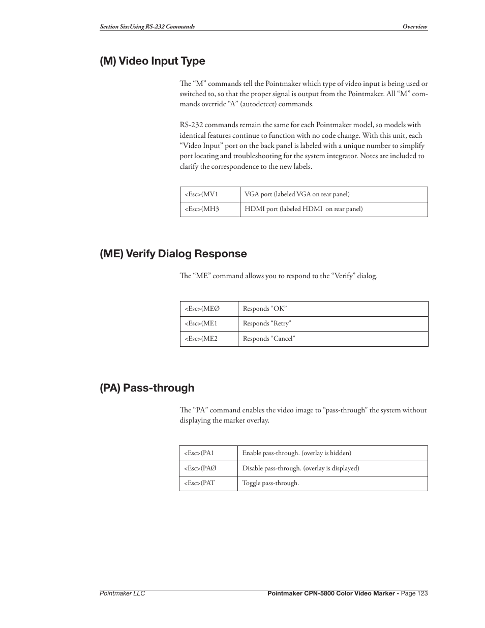 M) video input type, Me) verify dialog response, Pa) pass-through | Pointmaker CPN-5800 User Manual | Page 129 / 168