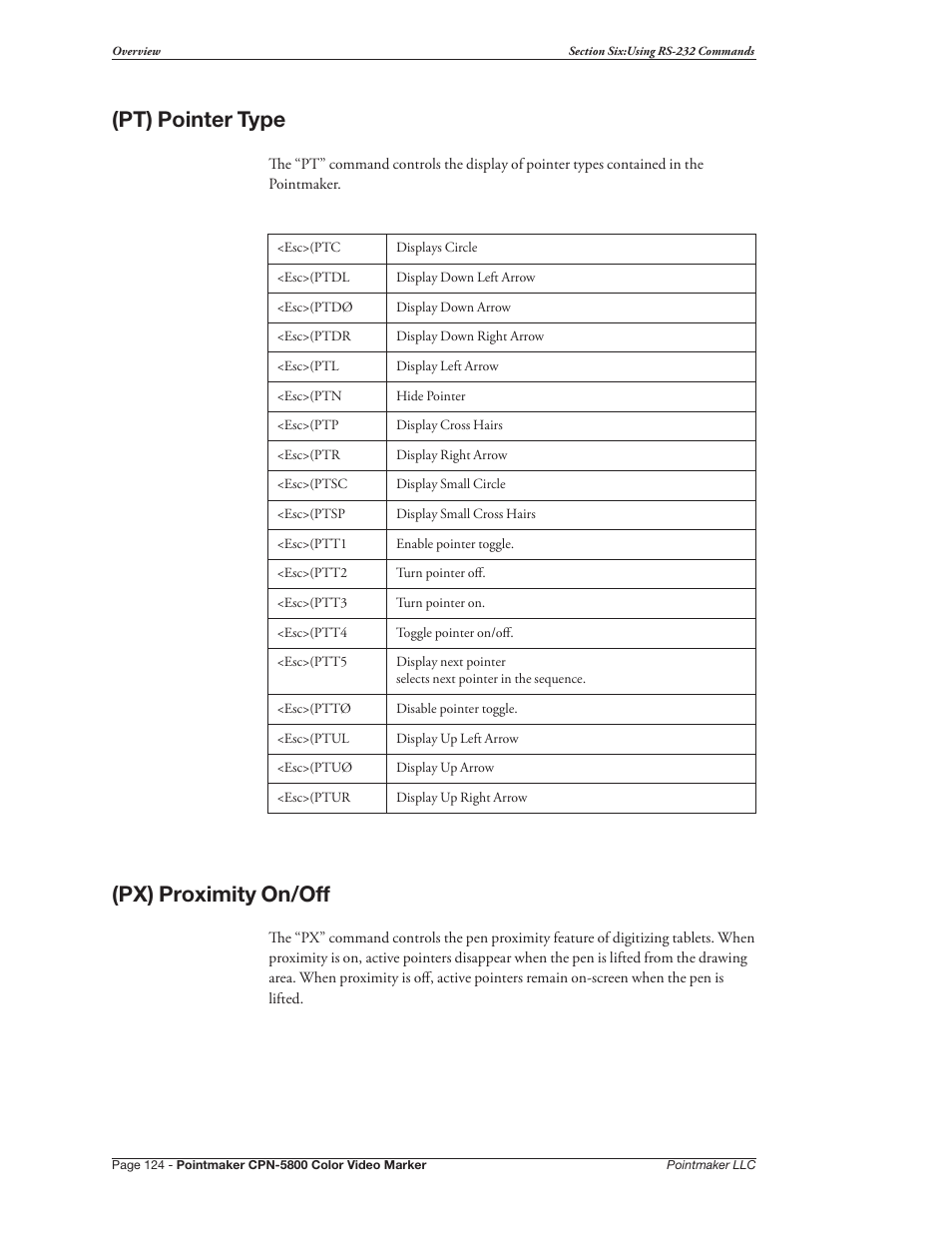 Pt) pointer type (px) proximity on/off, Pt) pointer type, Px) proximity on/off | Pointmaker CPN-5800 User Manual | Page 130 / 168