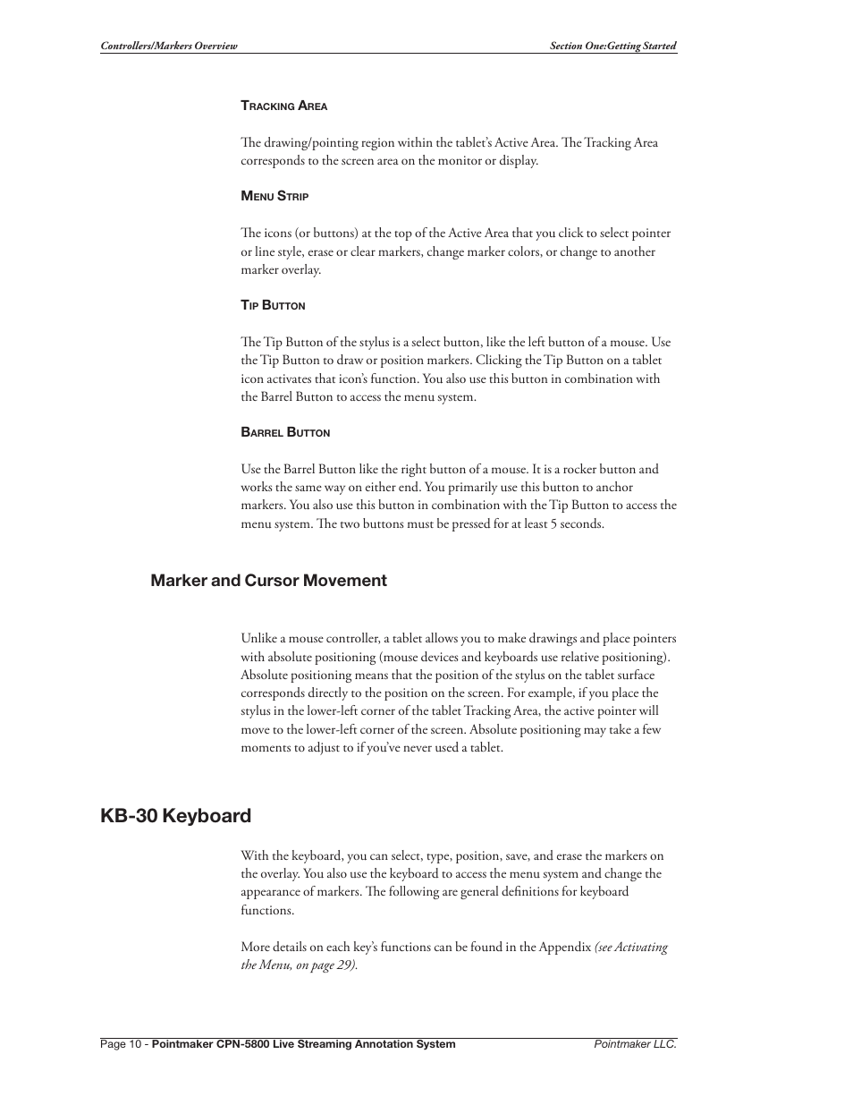 Kb-30 keyboard, Marker and cursor movement | Pointmaker CPN-5800 User Manual | Page 16 / 168