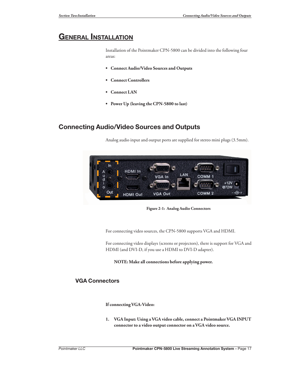 General installation, Connecting audio/video sources and outputs | Pointmaker CPN-5800 User Manual | Page 23 / 168