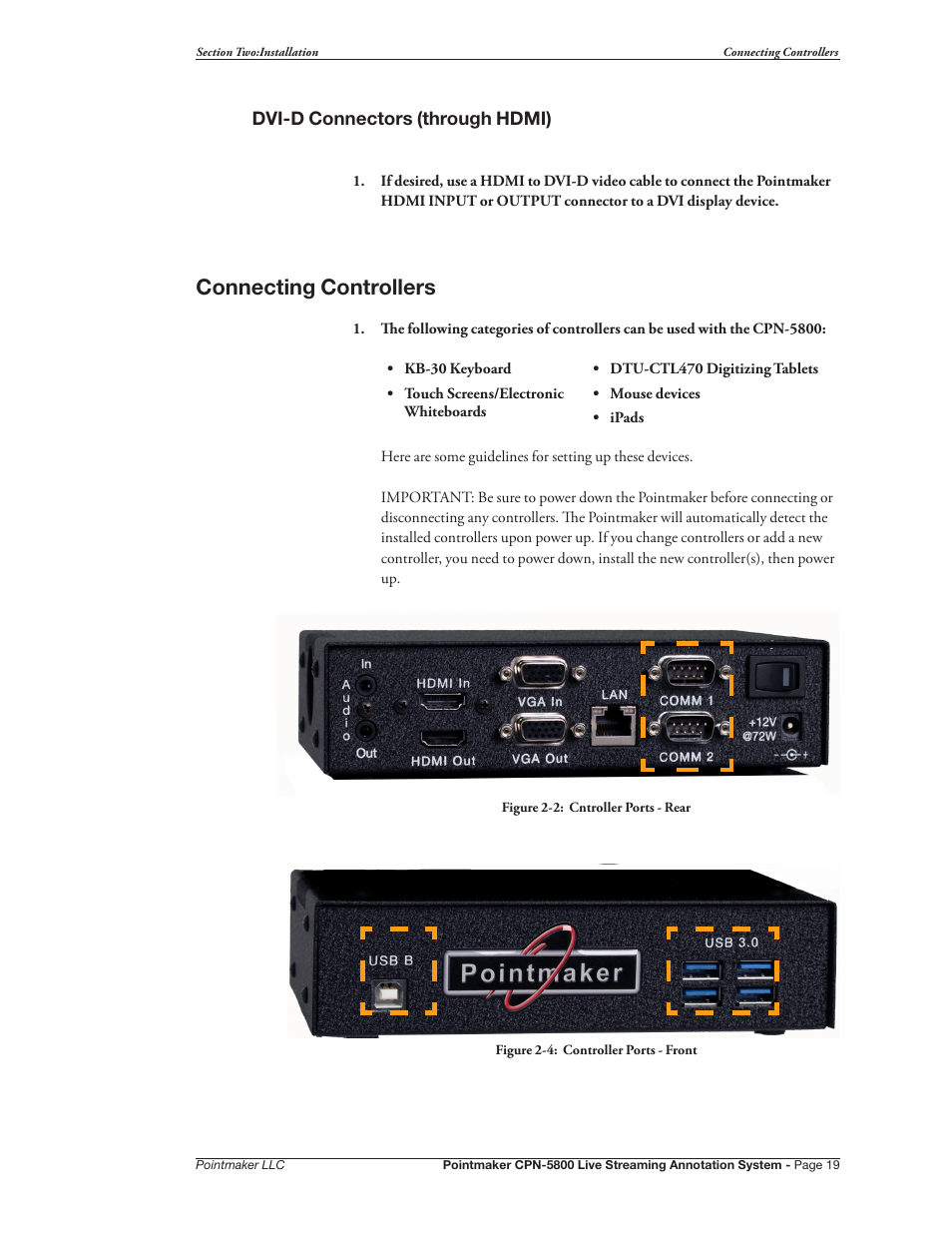 Connecting controllers, Dvi-d connectors (through hdmi) | Pointmaker CPN-5800 User Manual | Page 25 / 168