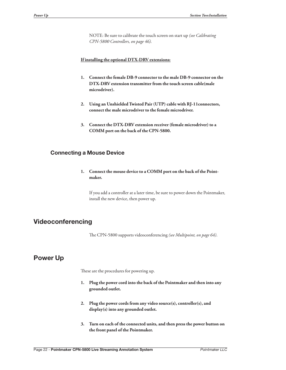 Videoconferencing power up, Videoconferencing, Power up | Pointmaker CPN-5800 User Manual | Page 28 / 168