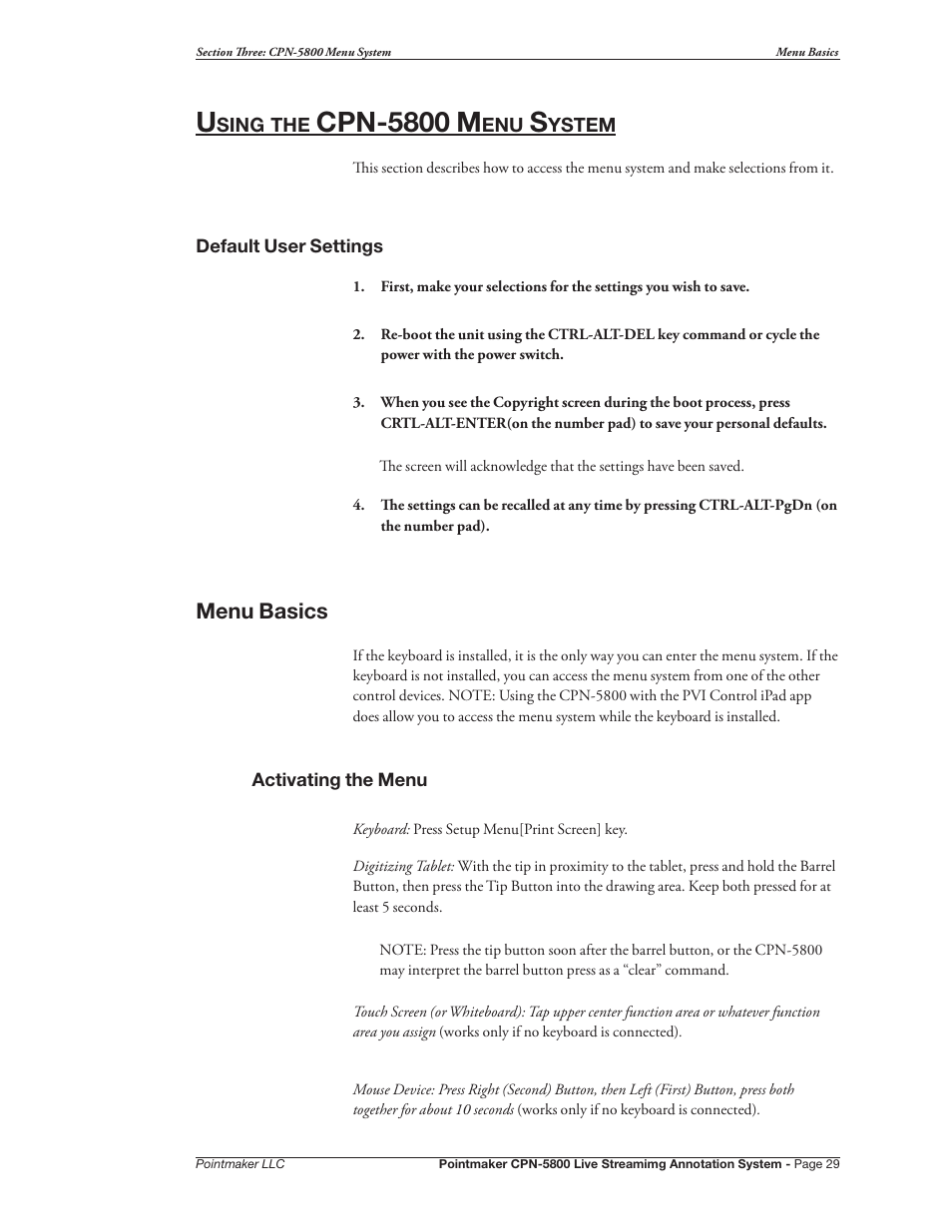 Using the cpn-5800 menu system, Default user settings menu basics, Cpn-5800 m | Menu basics | Pointmaker CPN-5800 User Manual | Page 35 / 168