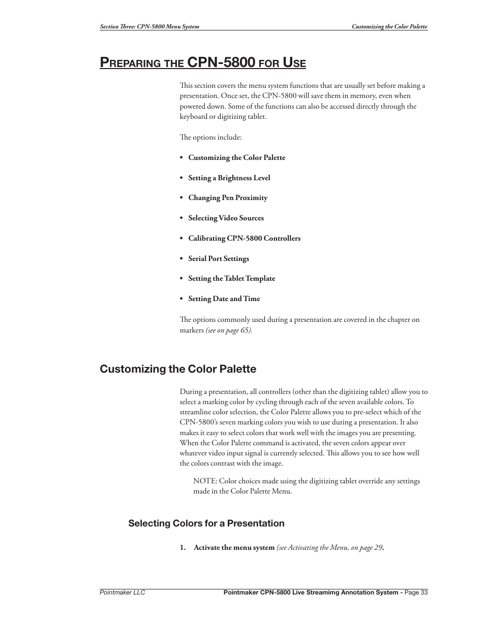 Preparing the cpn-5800 for use, Customizing the color palette, Cpn-5800 | Pointmaker CPN-5800 User Manual | Page 39 / 168