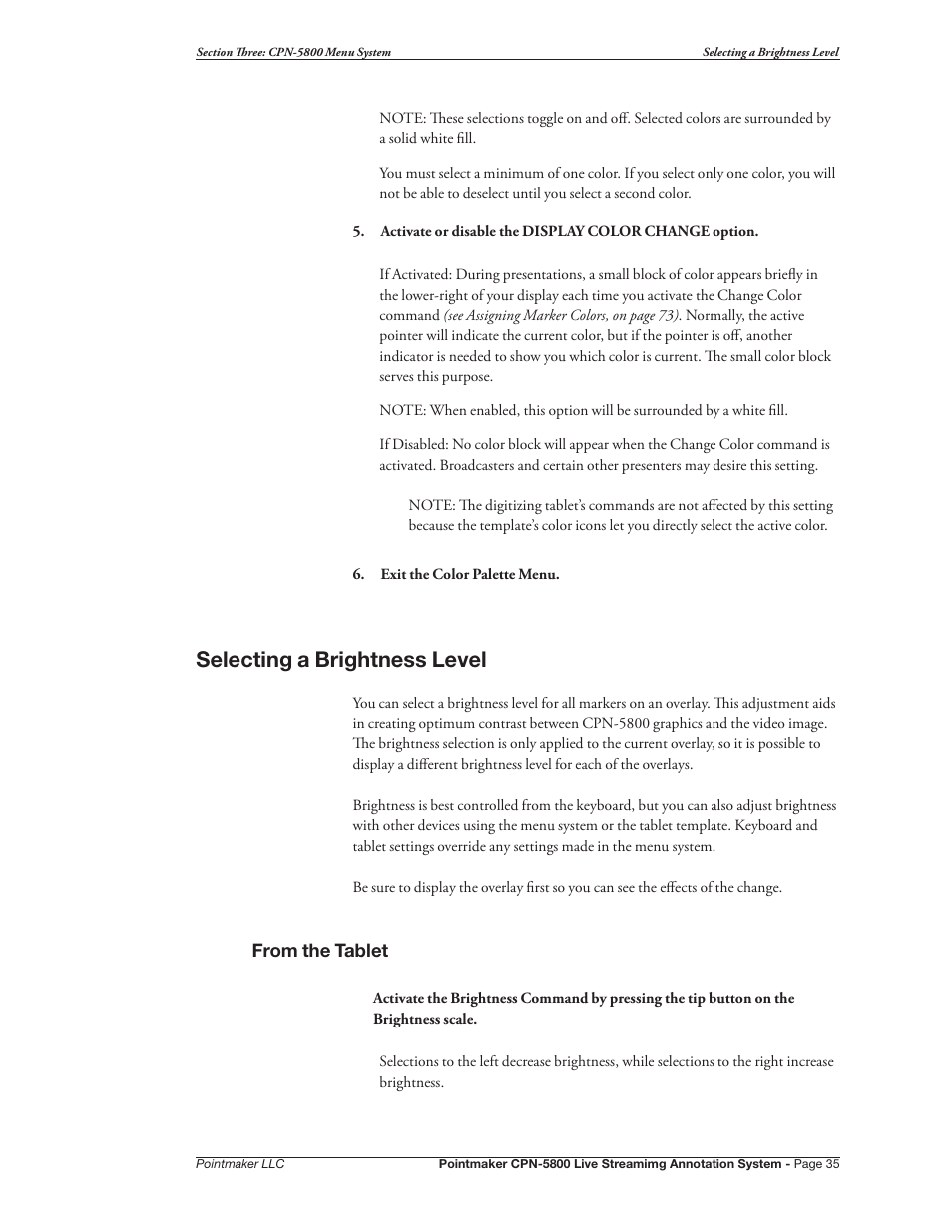 Selecting a brightness level | Pointmaker CPN-5800 User Manual | Page 41 / 168