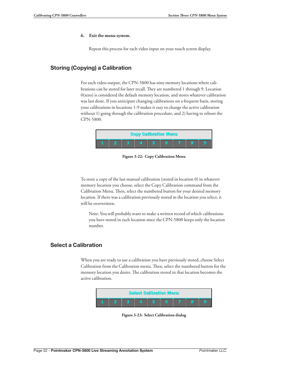 Storing (copying) a calibration, Select a calibration | Pointmaker CPN-5800 User Manual | Page 58 / 168