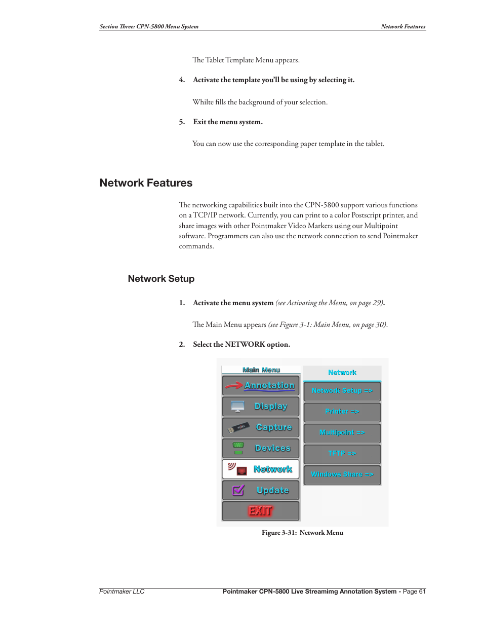 Network features | Pointmaker CPN-5800 User Manual | Page 67 / 168