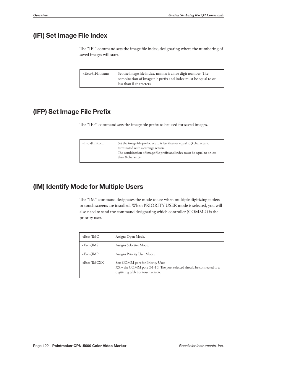 Ifi) set image file index, Ifp) set image file prefix, Im) identify mode for multiple users | Pointmaker CPN-5000 User Manual | Page 128 / 167