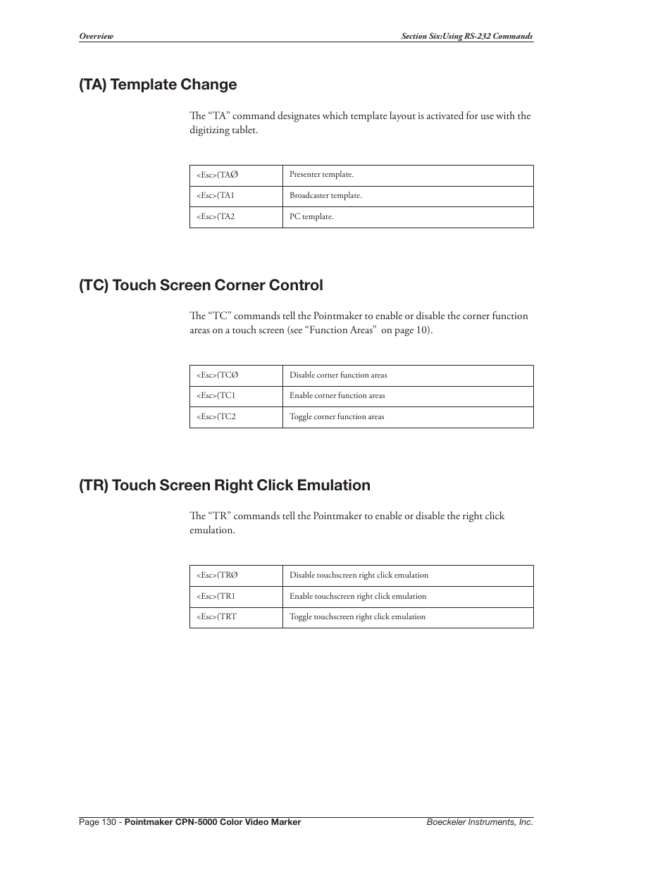 Ta) template change, Tc) touch screen corner control, Tr) touch screen right click emulation | Pointmaker CPN-5000 User Manual | Page 136 / 167