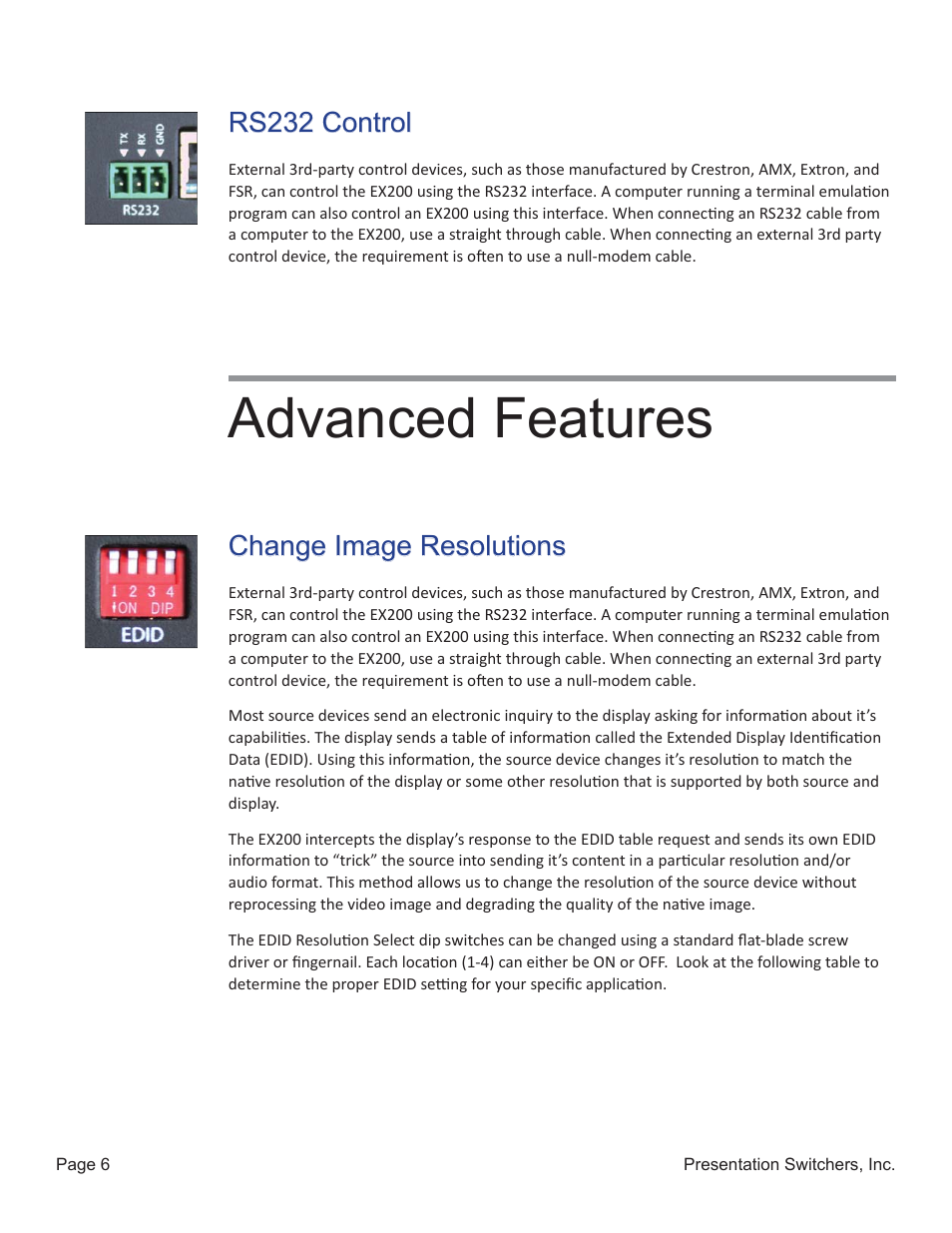 Advanced features, Change image resolutions, Rs232 control | Presentation Switchers EX200 User Manual | Page 6 / 8