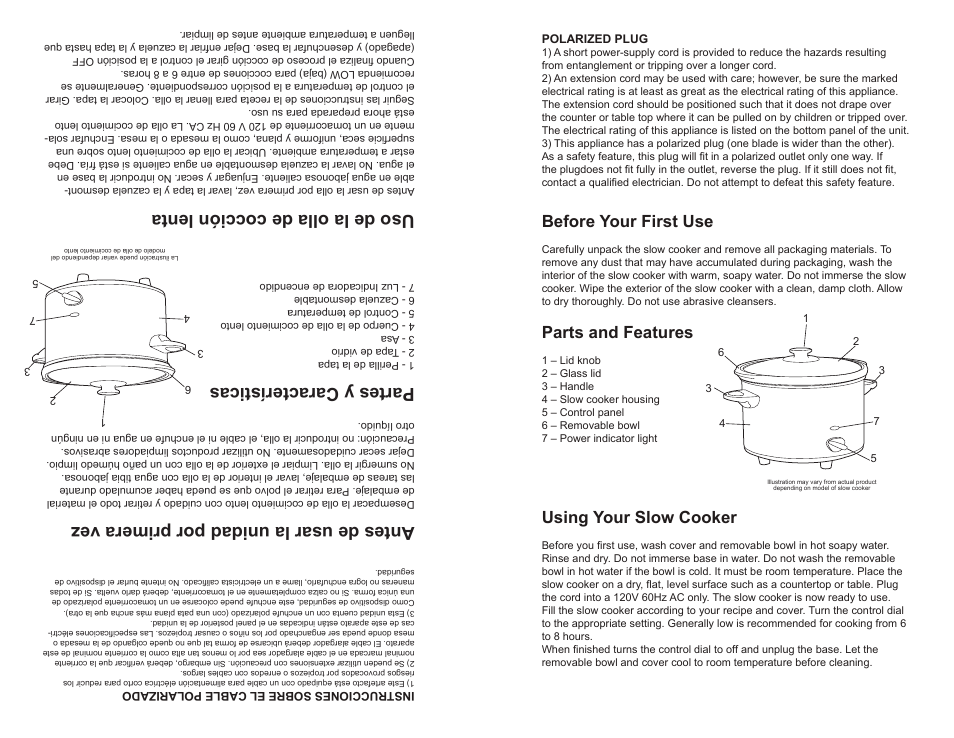 Antes de usar la unidad por primera vez, Partes y características, Uso de la olla de cocción lenta | Before your first use, Parts and features, Using your slow cooker | Continental CP43879 User Manual | Page 3 / 8