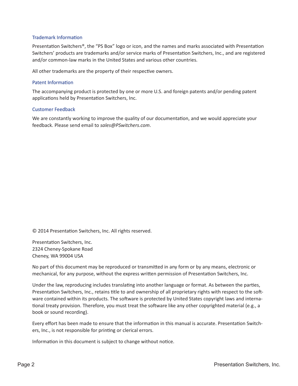 Presentation Switchers PS100 User Manual | Page 2 / 7