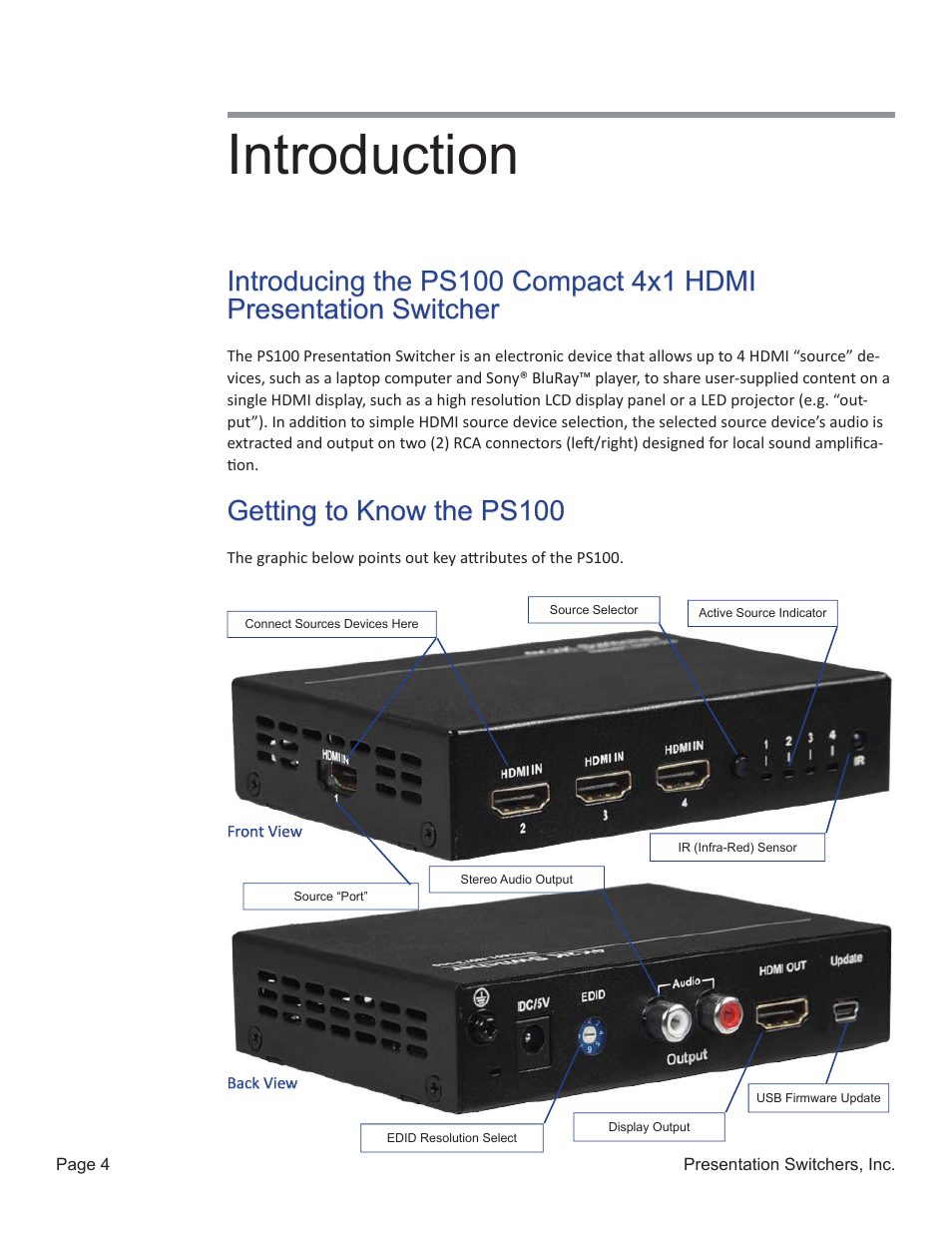 Introduction, Getting to know the ps100 | Presentation Switchers PS100 User Manual | Page 4 / 7