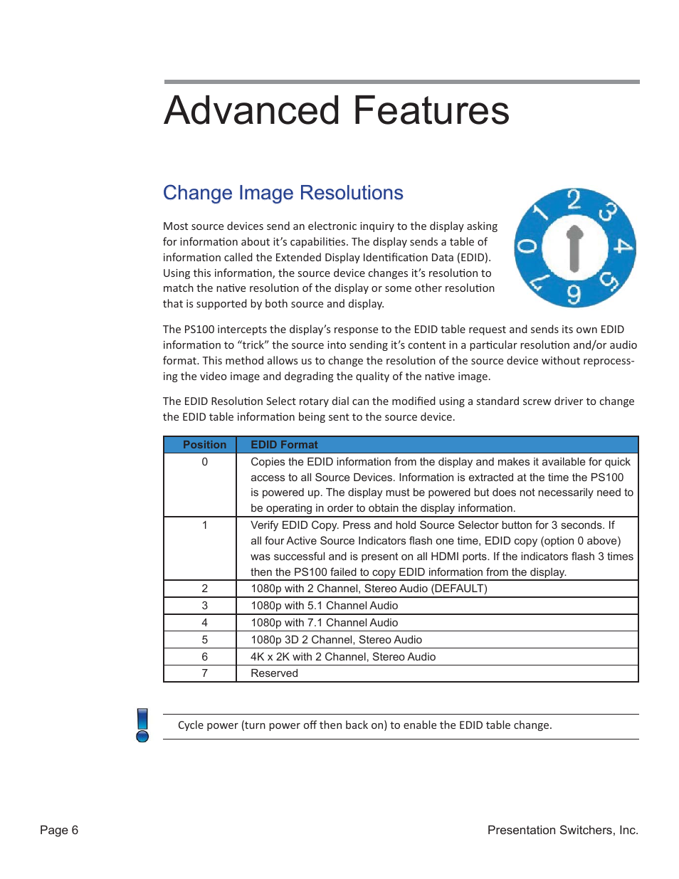 Advanced features, Change image resolutions | Presentation Switchers PS100 User Manual | Page 6 / 7