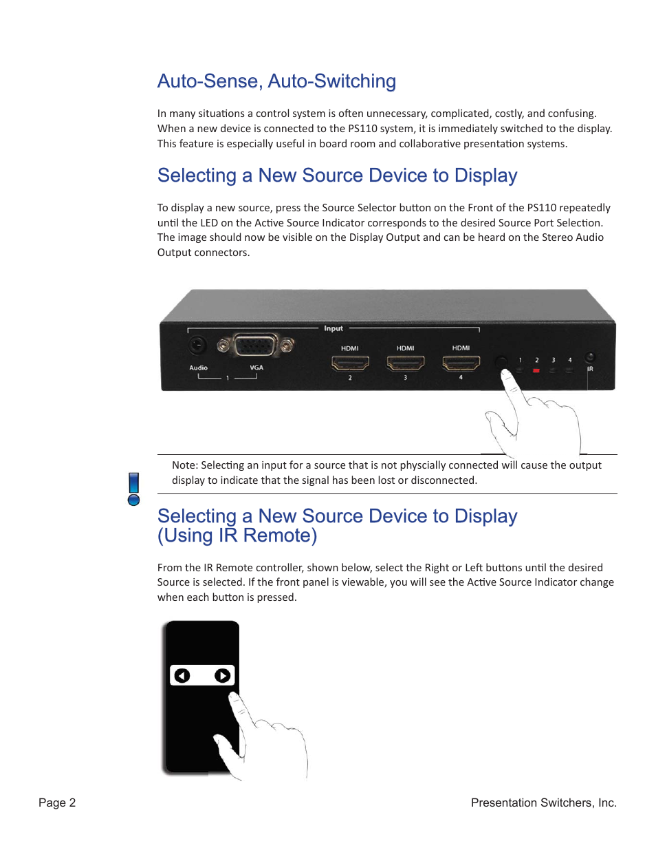 Auto-sense, auto-switching, Selecting a new source device to display | Presentation Switchers PS110 User Manual | Page 2 / 2