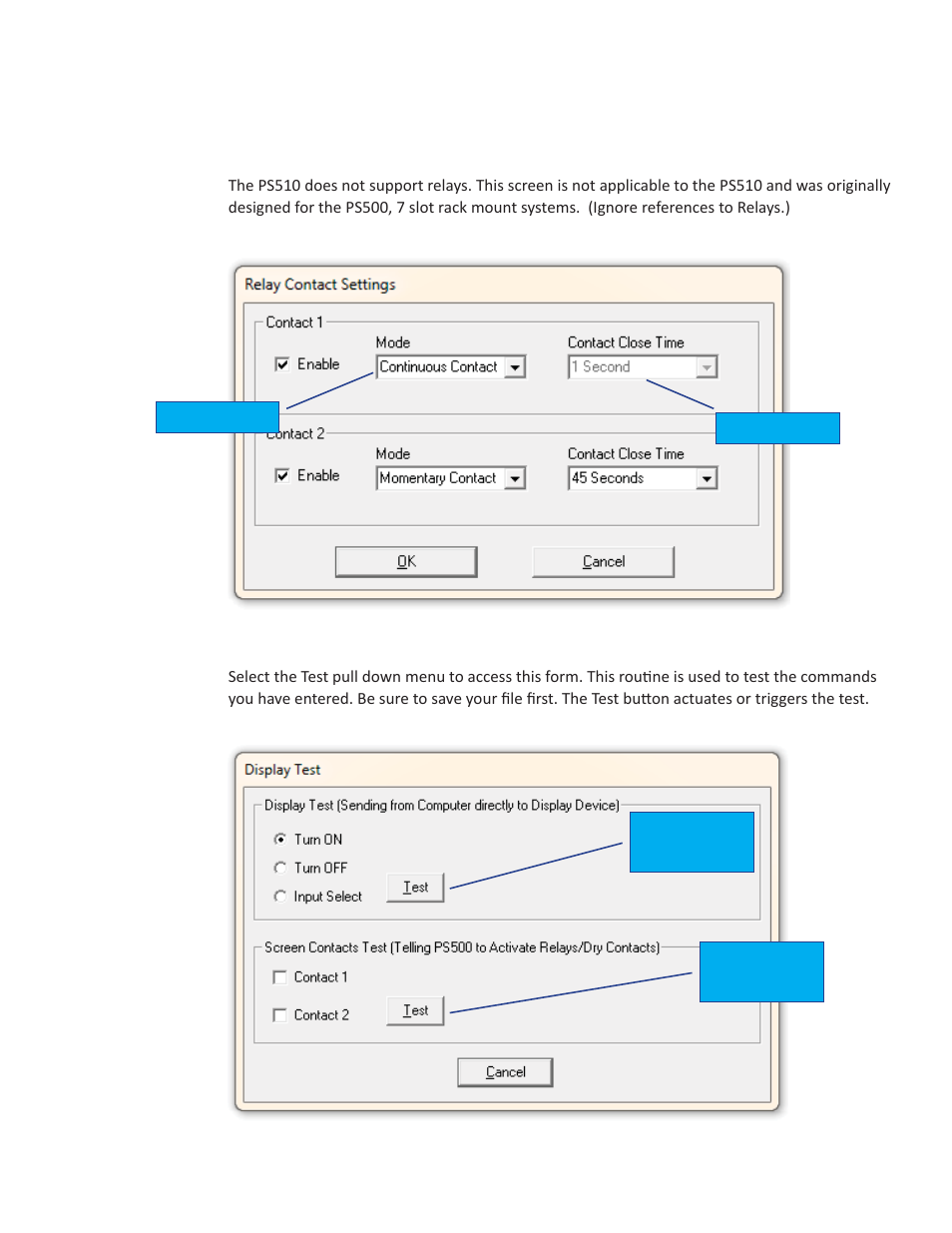 Relay form, Test form | Presentation Switchers PS510 User Manual | Page 16 / 23