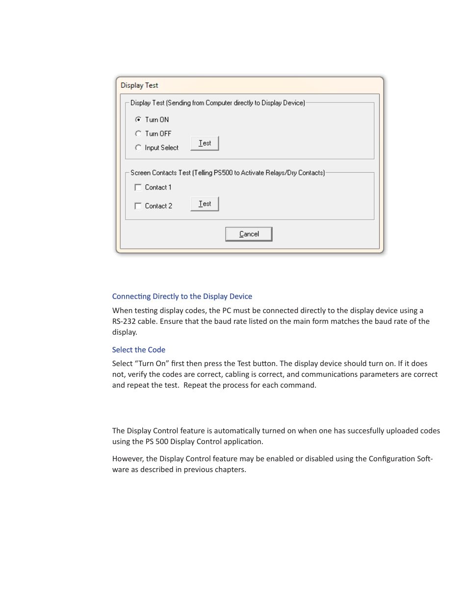 Testing the display codes, Enabling or disabling the display control feature | Presentation Switchers PS510 User Manual | Page 19 / 23