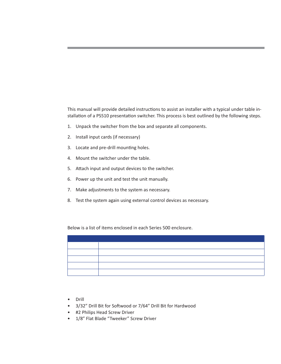 Getting started, Installation guide overview, Package contents | Installation tools | Presentation Switchers PS510 User Manual | Page 5 / 23