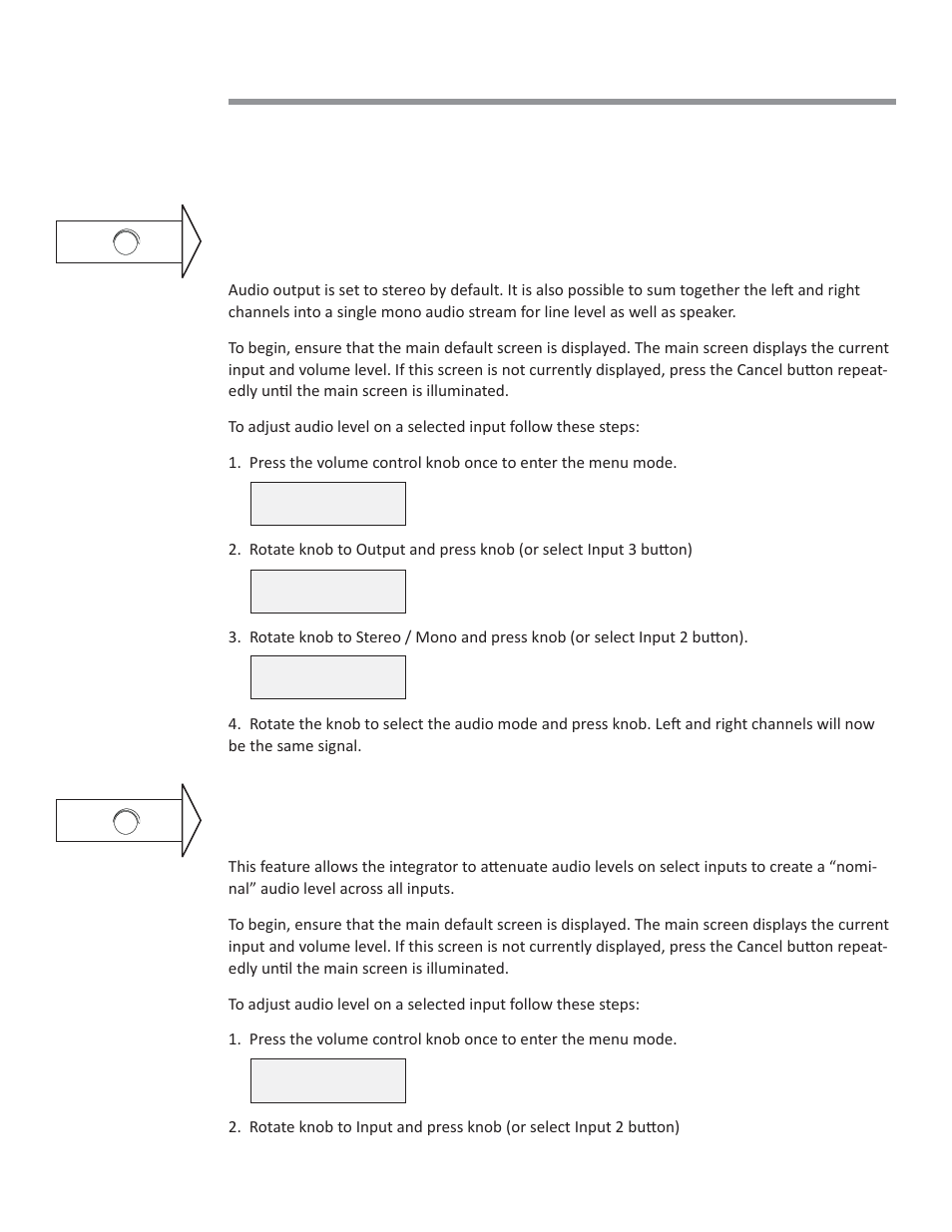 Audio settings, Set stereo / mono output mode, Set audio input levels | Presentation Switchers PS550 User Manual | Page 19 / 41